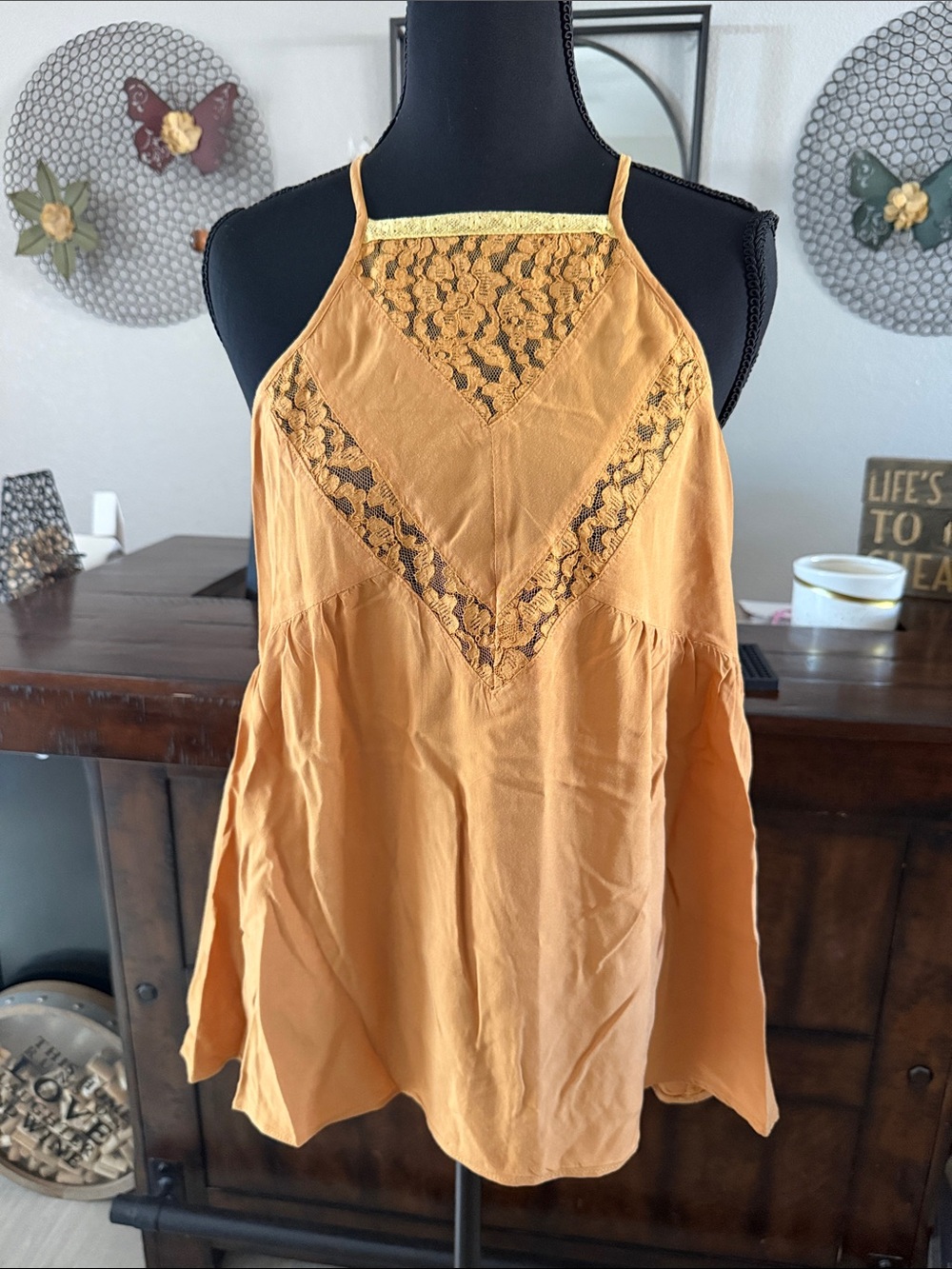 Flying Tomato Mustard Lace-Trim Halter Camisole